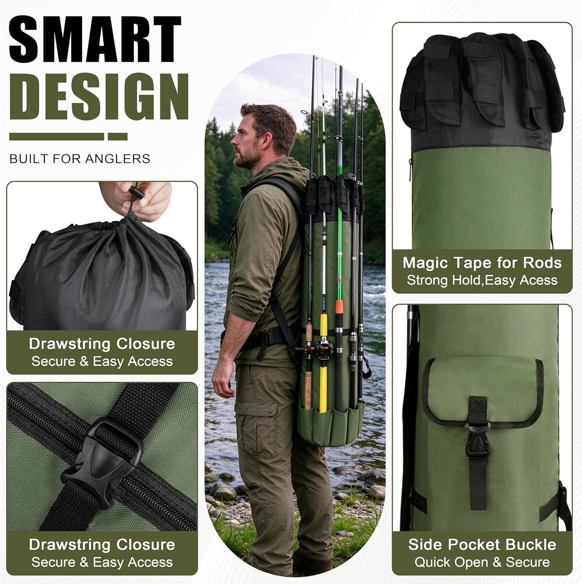 Multifunction Fishing Pole Bag - Waterproof Rod Reel Bag Carrier Case, Durable Canvas Tackle Large Storage Gift for Men Travel, Khaki