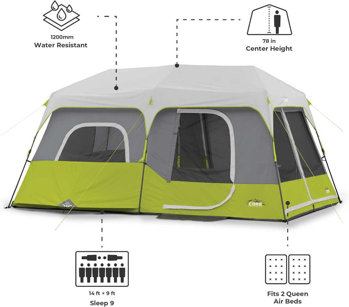 CORE Instant Cabin Tent | Multi Room Portable Pop up Tent for 2 Minute Camp Setup, Sleeps 9 People, 14' X 9', 3-Room