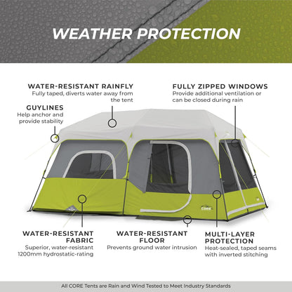CORE Instant Cabin Tent | Multi Room Portable Pop up Tent for 2 Minute Camp Setup, Sleeps 9 People, 14' X 9', 3-Room