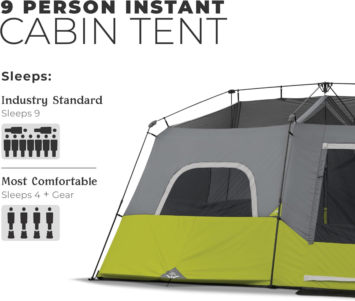 CORE Instant Cabin Tent | Multi Room Portable Pop up Tent for 2 Minute Camp Setup, Sleeps 9 People, 14' X 9', 3-Room