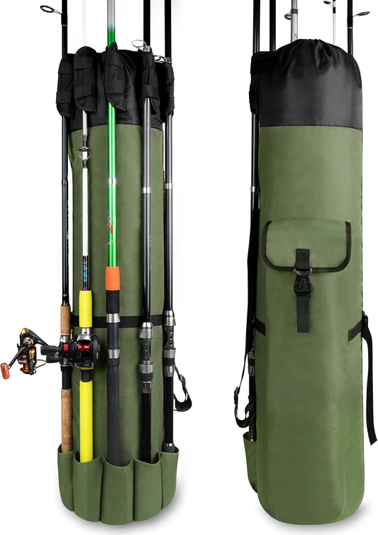 Multifunction Fishing Pole Bag - Waterproof Rod Reel Bag Carrier Case, Durable Canvas Tackle Large Storage Gift for Men Travel, Khaki